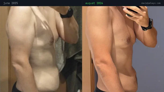 Two side-profile photographs of David Pelayo fourteen months apart, labelled june 2025 and august 2026, showing the physical change after one year without alcohol.