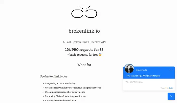 The brokenlink.io landing page, describing a fast broken-link checker API priced at 10,000 requests for $5.