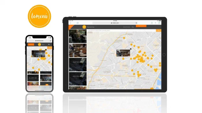 Lomenu running on a phone and a tablet, showing a city map of restaurants marked with orange pins.