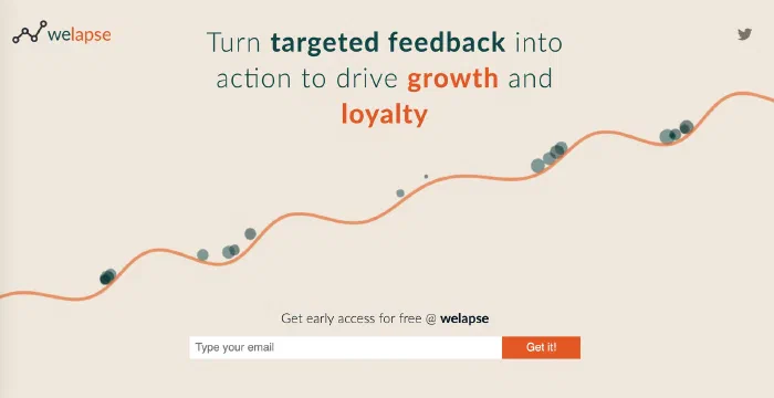 The Welapse landing page: “Turn targeted feedback into action to drive growth and loyalty”, with an early-access email form.